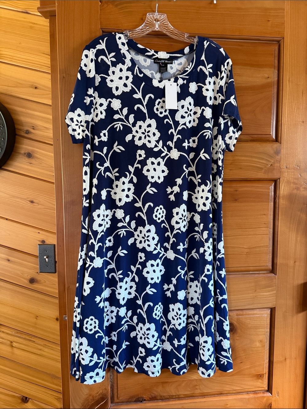 Navy Blue Floral Midi Dress with White Blossom Print